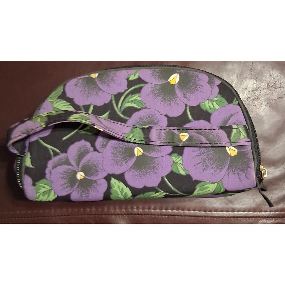 Vtg Ted Lapidus Paris Purple Pansy Floral Makeup Bag with Mirror Cosmetic Case